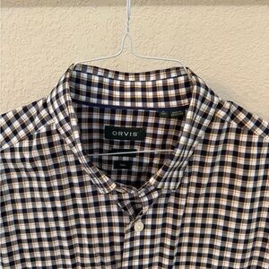 Orvis dark navy, gold, & white Casual Button Down Shirt. Size L Tall.